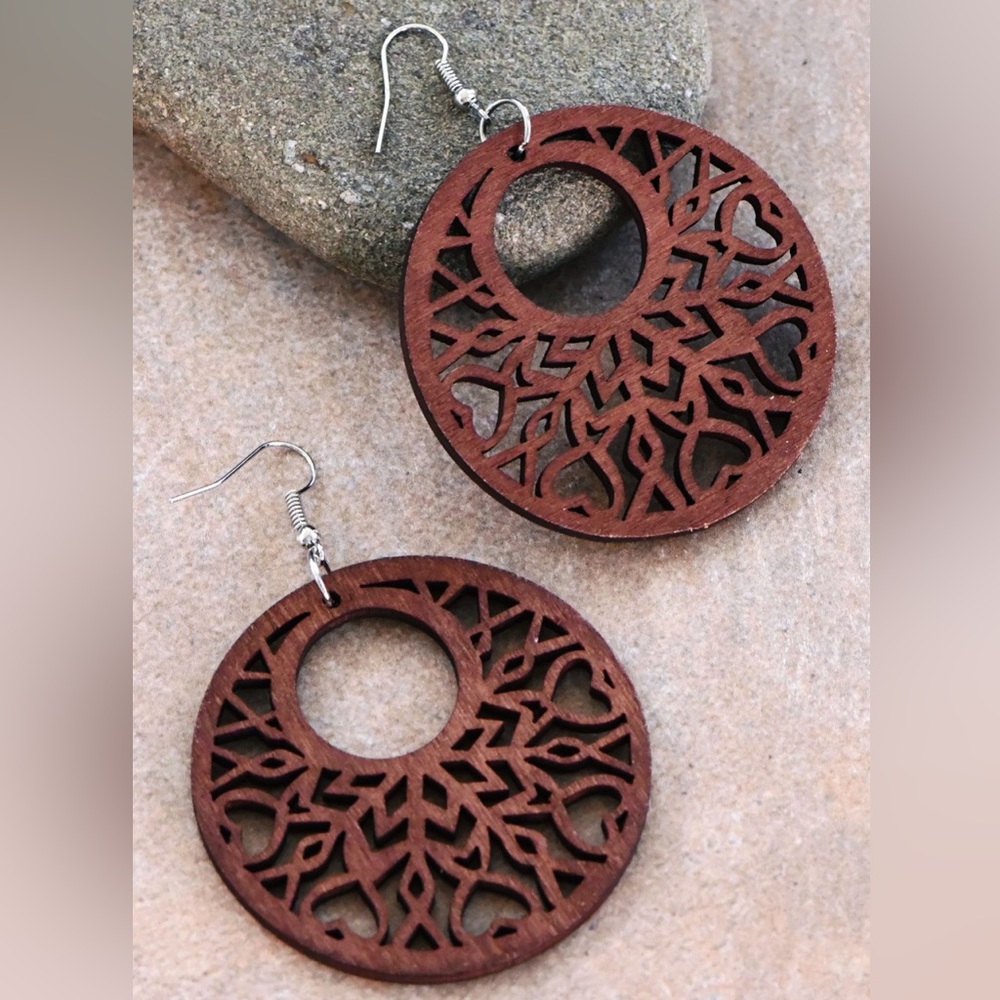 Brown Wooden Style Bohemian Round Circle Laser Cut Earrings w/ Heart Detail